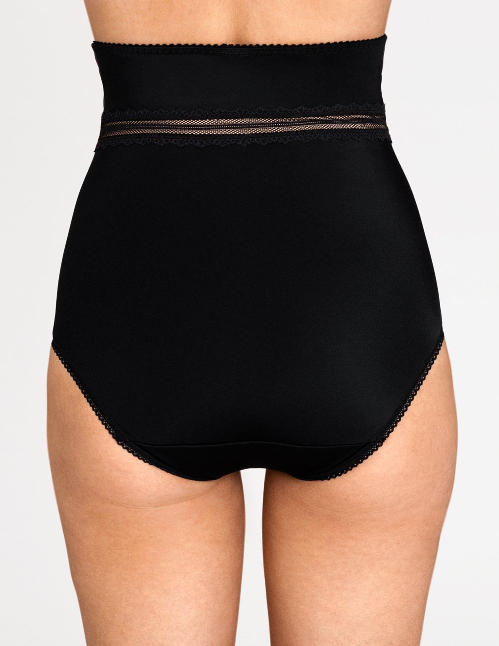 Achteraanzicht van zwarte extra hoge Miss Mary shapeslip met kanten taille-inzetstuk en volledige bedekking.