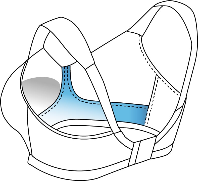 Illustration of a bra design showing inner padding and straps. The interior features a blue shading, indicating possible support or lining.