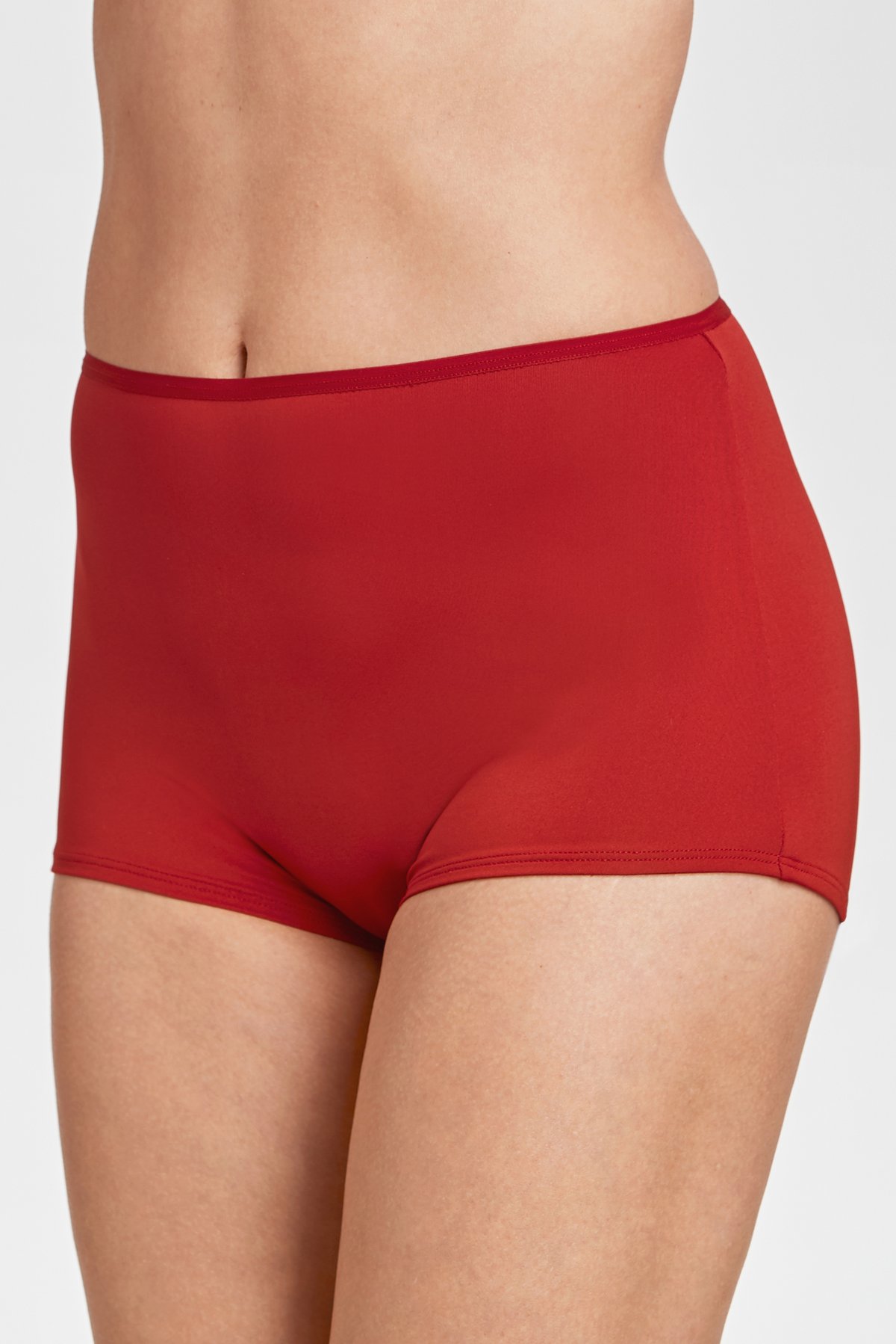Red Miss Mary Basic Cotton high-waisted boxer panty featured in a close-up on a model.