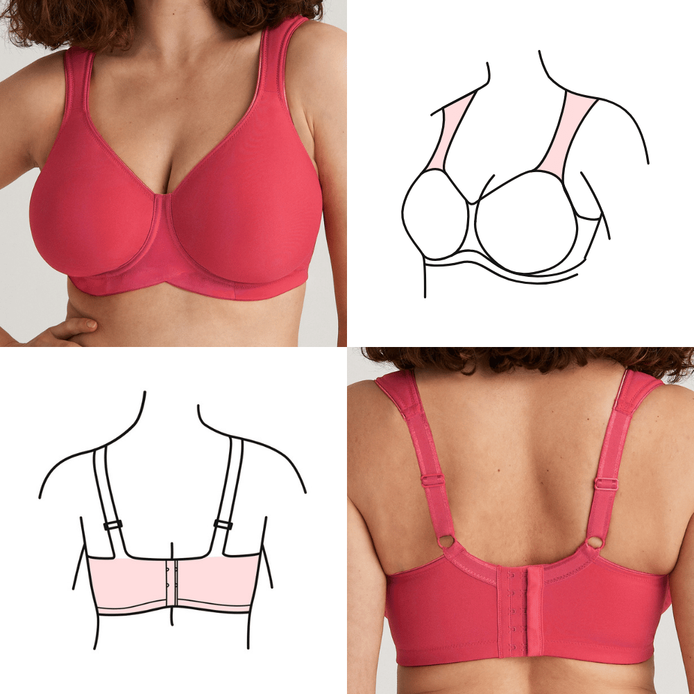 Front and back view of a red bra with wide straps; adjacent line drawings highlight design features.
