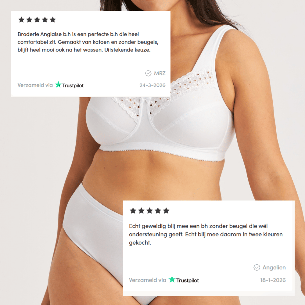 A woman wearing a white, lace-detailed, non-wired bra and matching panties. Two positive customer reviews in Dutch about the bra.