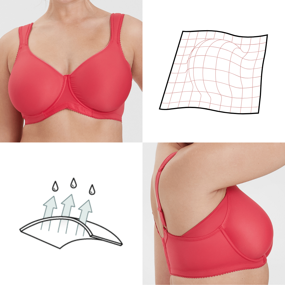 Red bra with full coverage and supportive design, shown from front and side. Includes illustrations of moisture-wicking feature and seamless cup.