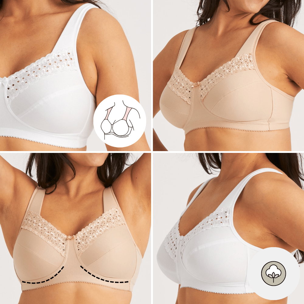 Four-panel image of a woman modeling white and beige lace bras, highlighting design details and comfort features.