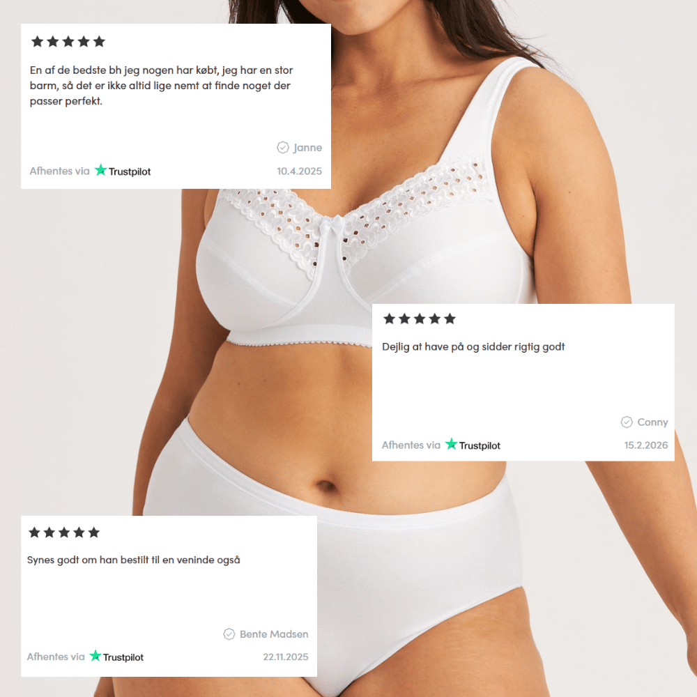 A person wearing a white embroidered bra and briefs is surrounded by Danish reviews praising the lingerie for comfort and perfect fit.