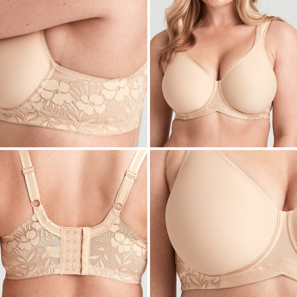 Close-up images of a beige bra with floral lace details, showing the front, side, and back views, highlighting fabric and strap design.