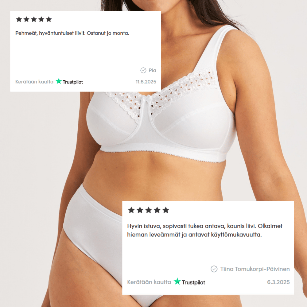 A woman wearing a white bra with lace details, overlaid with Finnish text reviews praising comfort and fit.