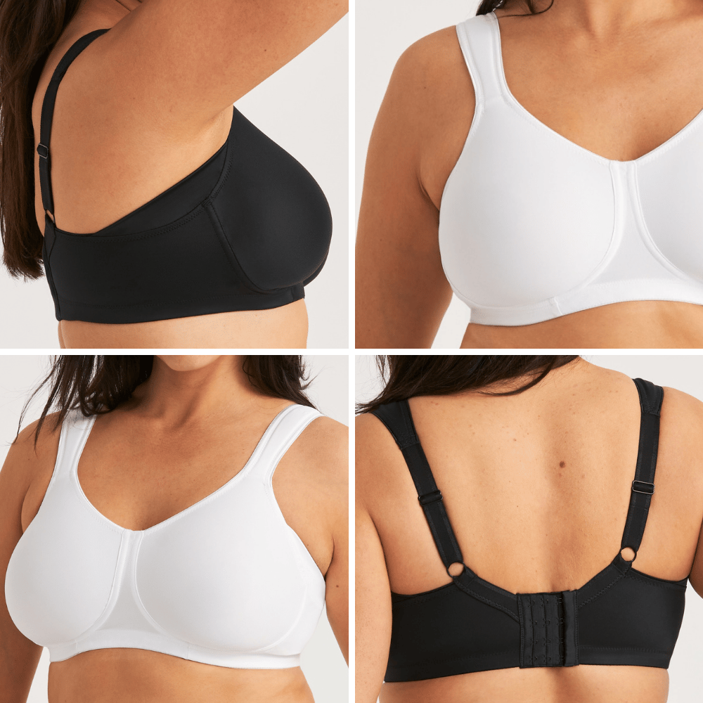Four-panel image showing a person wearing black and white wireless bras from different angles, highlighting fit, straps, and closure details.