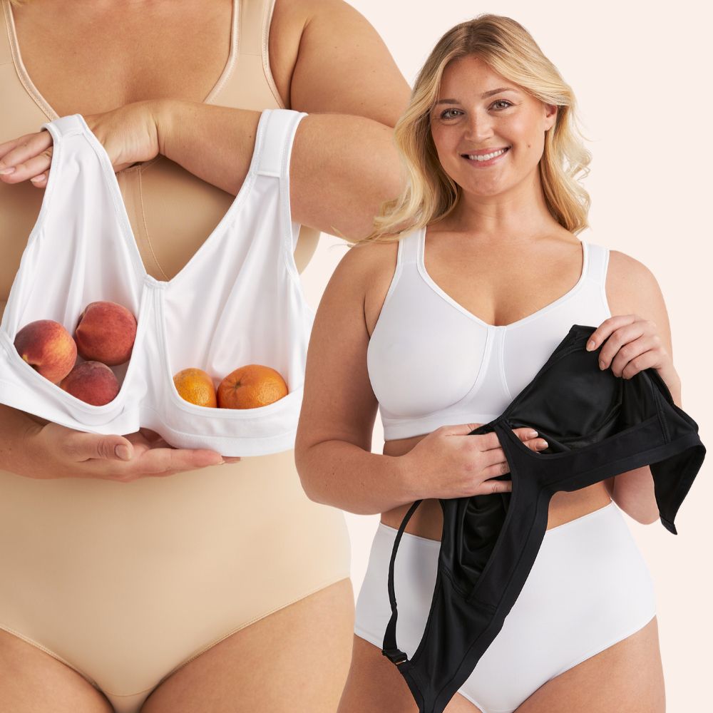 A woman in a white bra and beige underwear holds a black bra. Another bra is shown holding peaches and oranges.