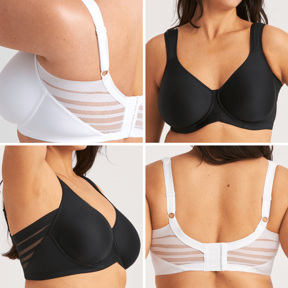 Two women wearing black and white bras with mesh panel detailing, shown from various angles highlighting fit and design features.