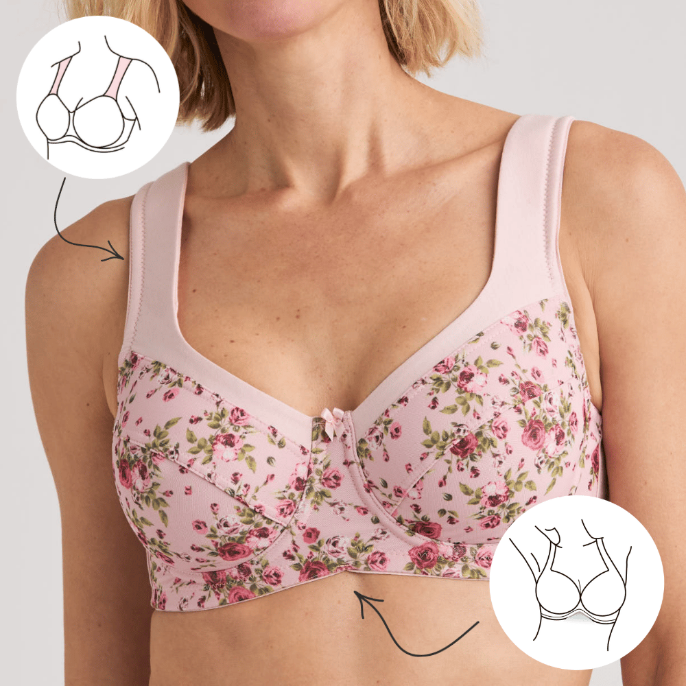 Woman wearing a floral pink bra with close-up illustrative diagrams highlighting support features on straps and underband.