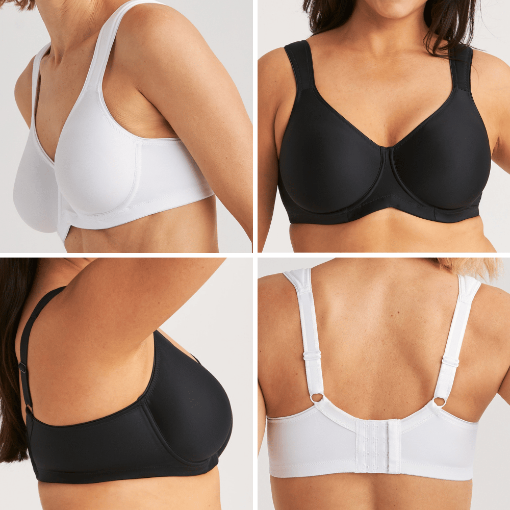Four images show women wearing white and black bras from different angles, highlighting the fit, straps, and back closures.