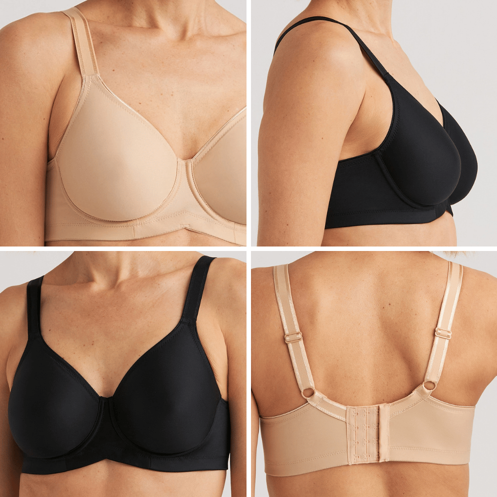 Four images of bras on a model, showing front, side, and back views in nude and black colors.