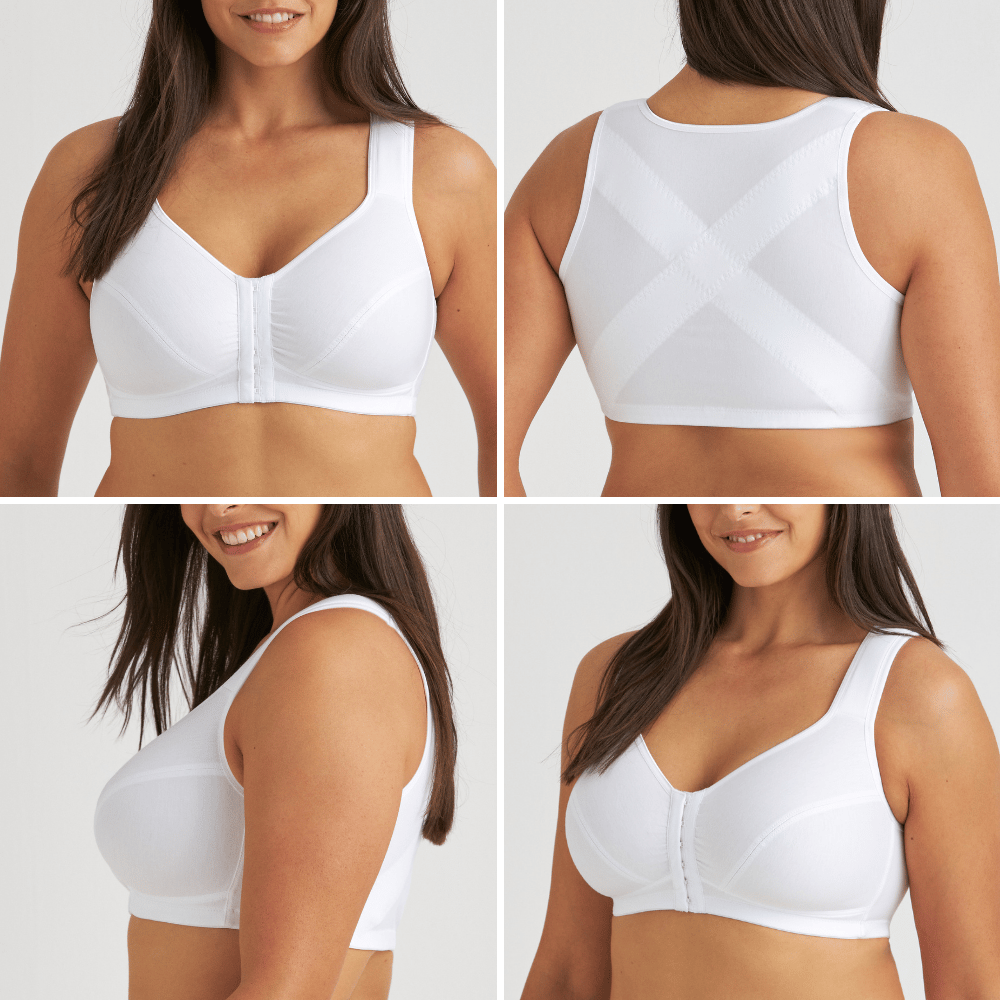 White sports bra modeled from various angles showing front, back with crisscross support design, and side view.