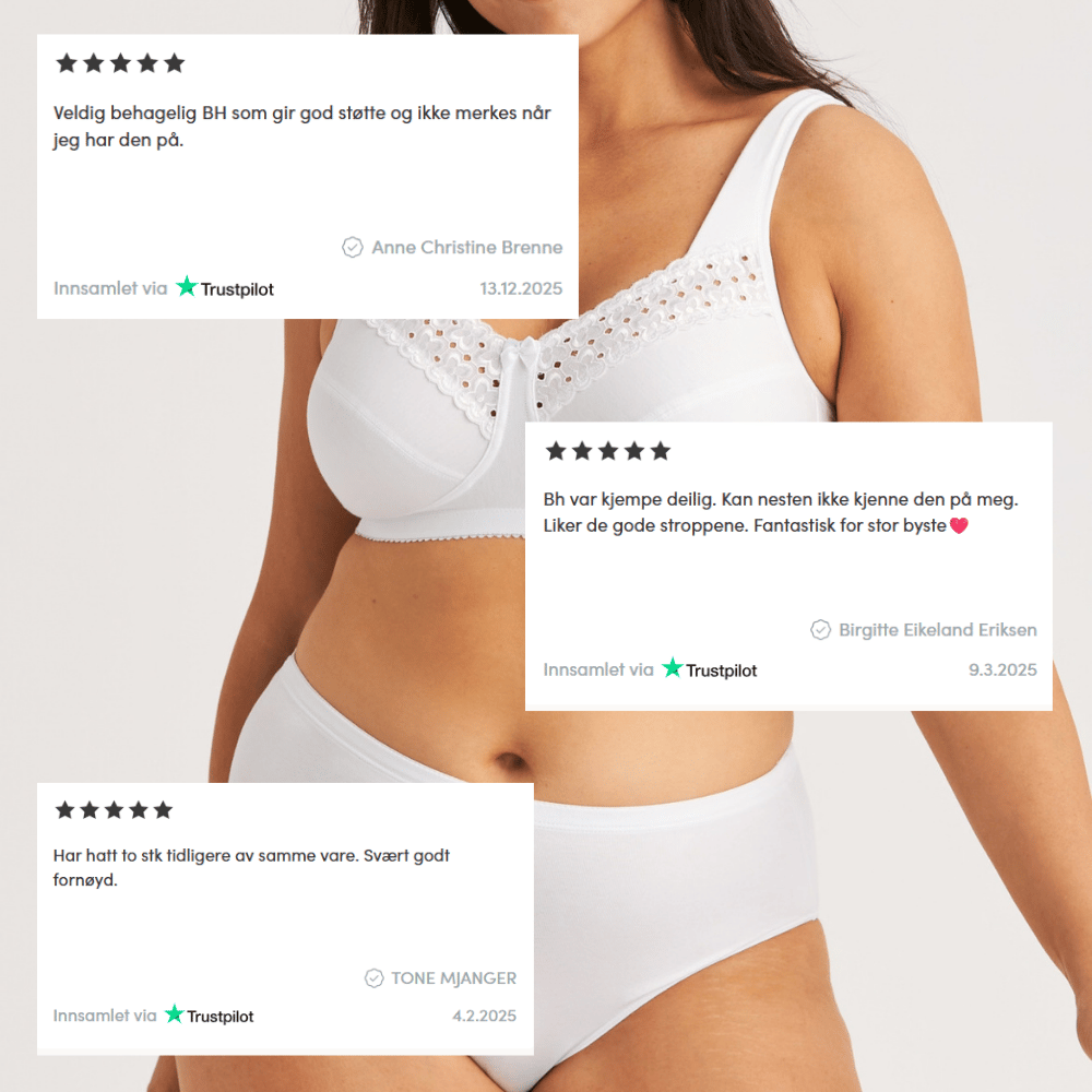 A woman wearing a white bra and underwear with three positive Trustpilot reviews overlayed on the image.