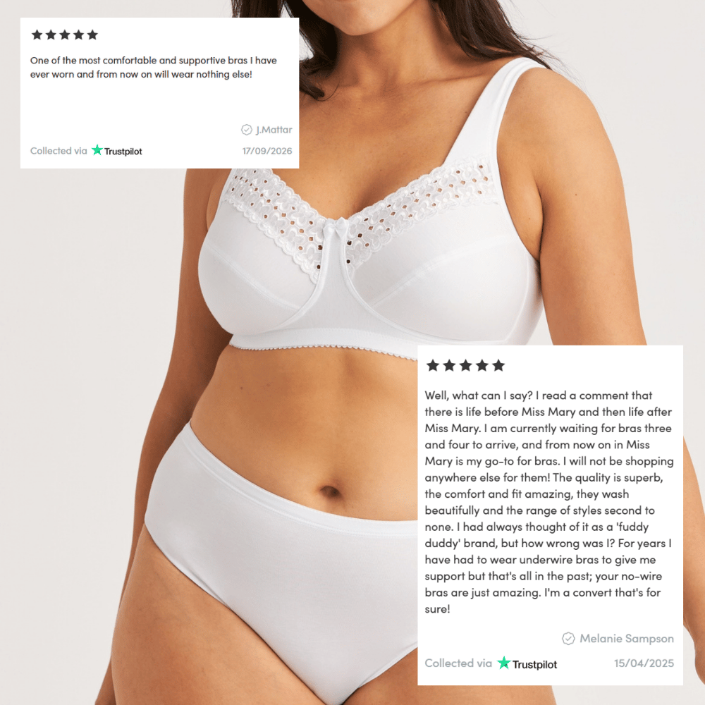A woman wearing a white lace-trimmed bra and panties is shown with overlaid positive reviews about the comfort and quality of the bra.