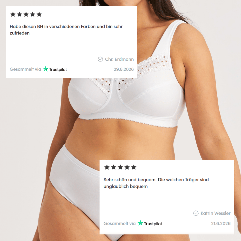A woman wearing a white lace-trimmed bra and matching briefs, with Trustpilot reviews of the lingerie shown in overlays.