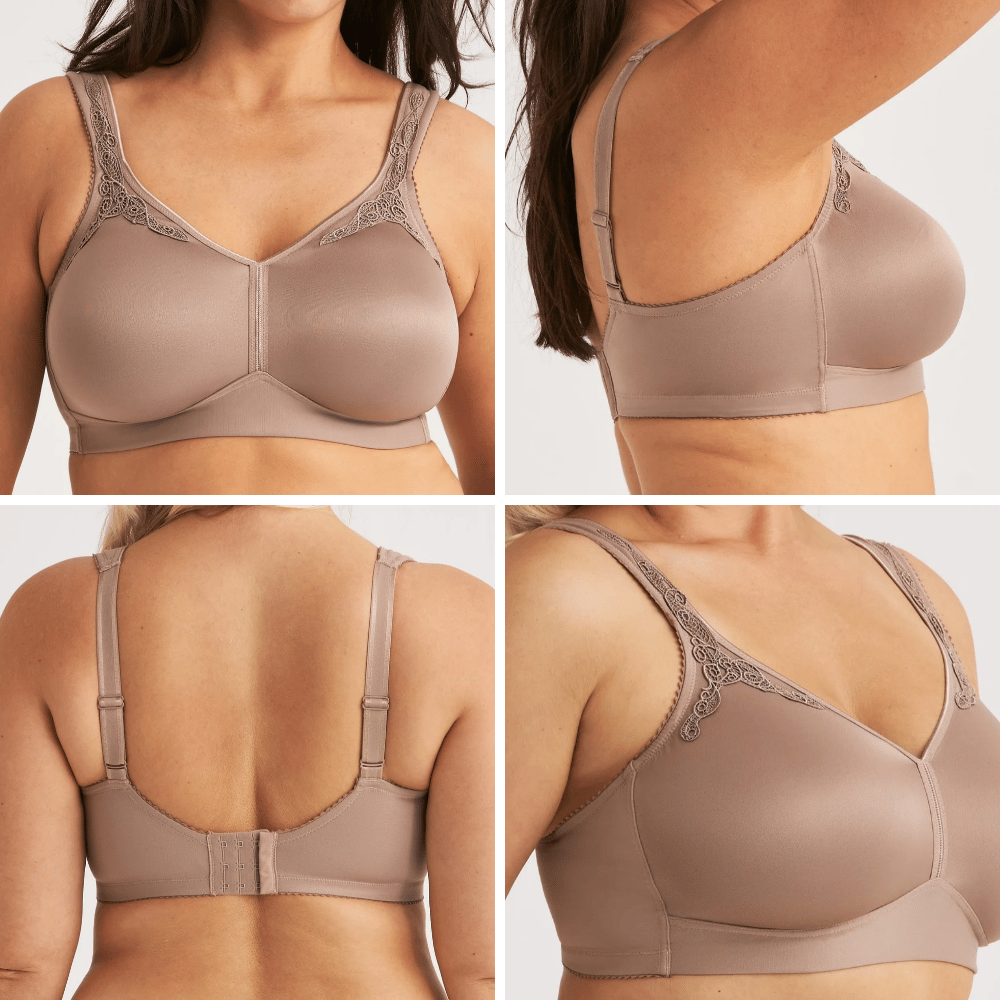 Four-panel collage showing a taupe bra with lace detailing from front, side, back, and close-up angles on a mannequin.