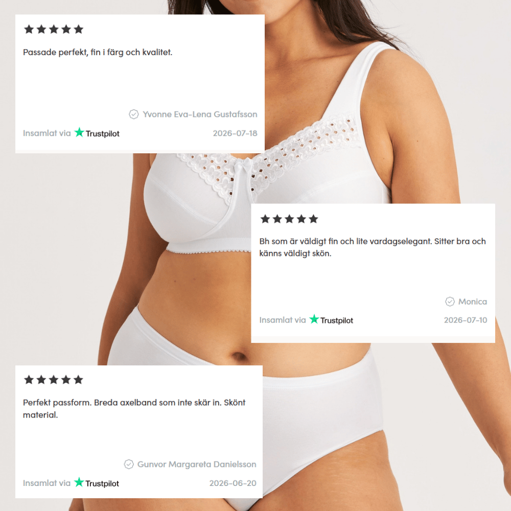 A person wearing a white bra and underwear, with three positive Trustpilot reviews overlapping the image, praising the fit, comfort, and quality.