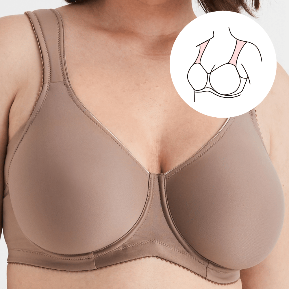 Woman wearing a nude-toned bra with an inset illustration showing the bra's design and support features.