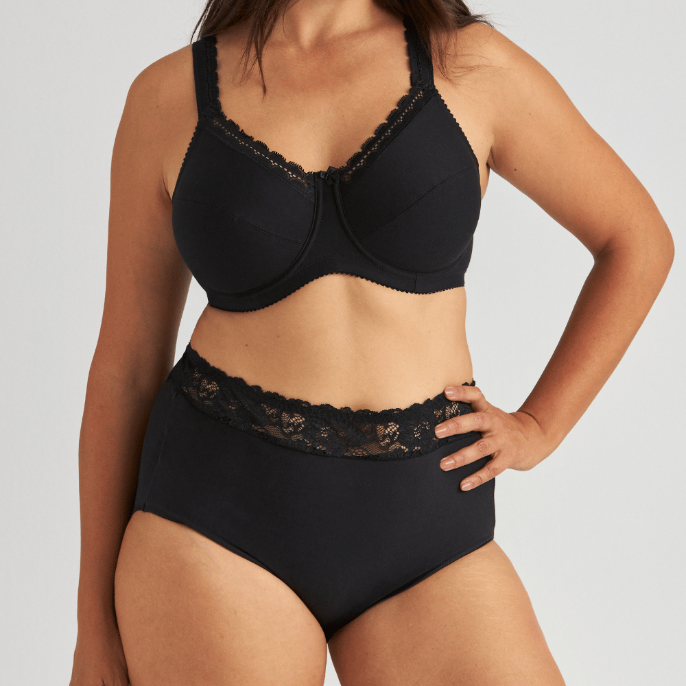 A person wearing a black lace-trimmed bra and matching high-waisted panties, with one hand on their hip, against a plain background.