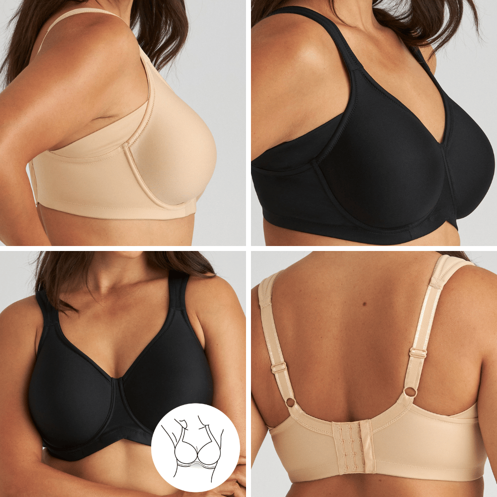 Close-up of a woman wearing a beige and black bra from various angles, showing front, side, and back views with a small illustration.