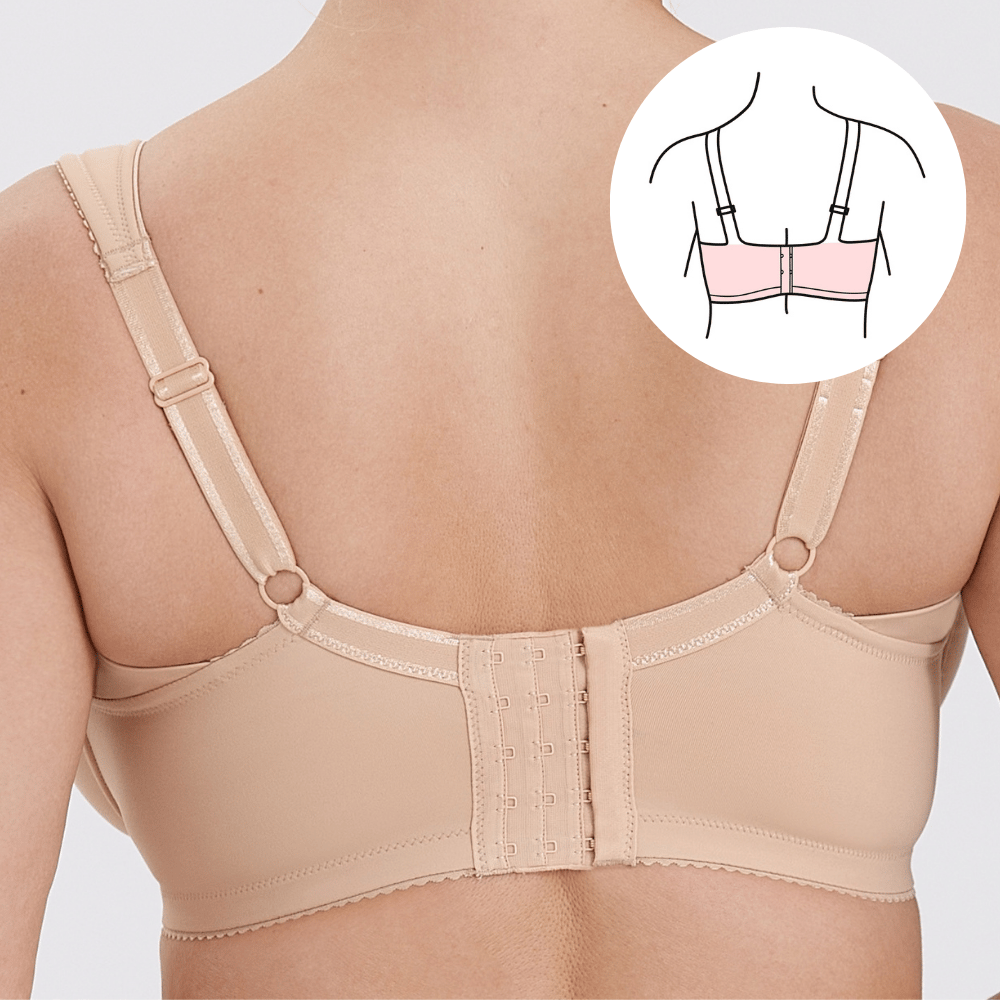 Back view of a person wearing a beige bra, featuring adjustable straps and hook closures. Inset diagram shows the back fit.