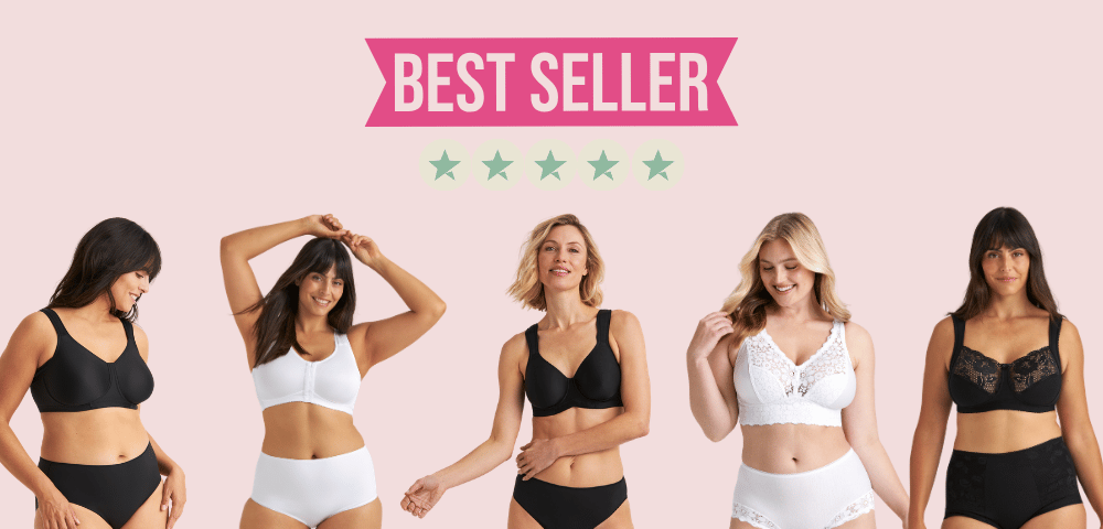 Five smiling women in different bras and bottoms, under a banner reading "Best Seller" with stars, against a light pink background.