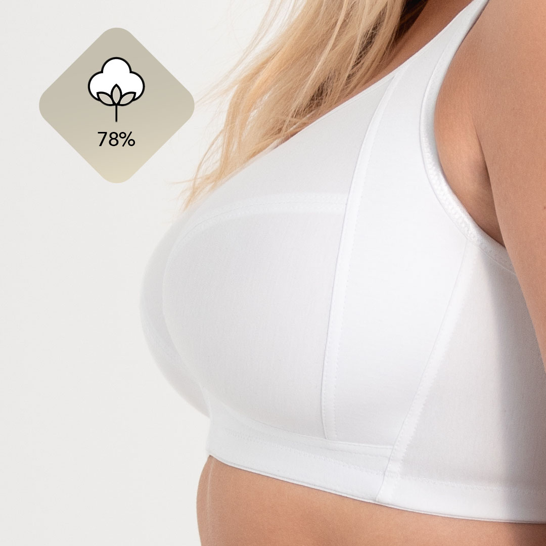 Woman wearing a white, cotton-blend bra, with a cotton icon indicating 78% composition.