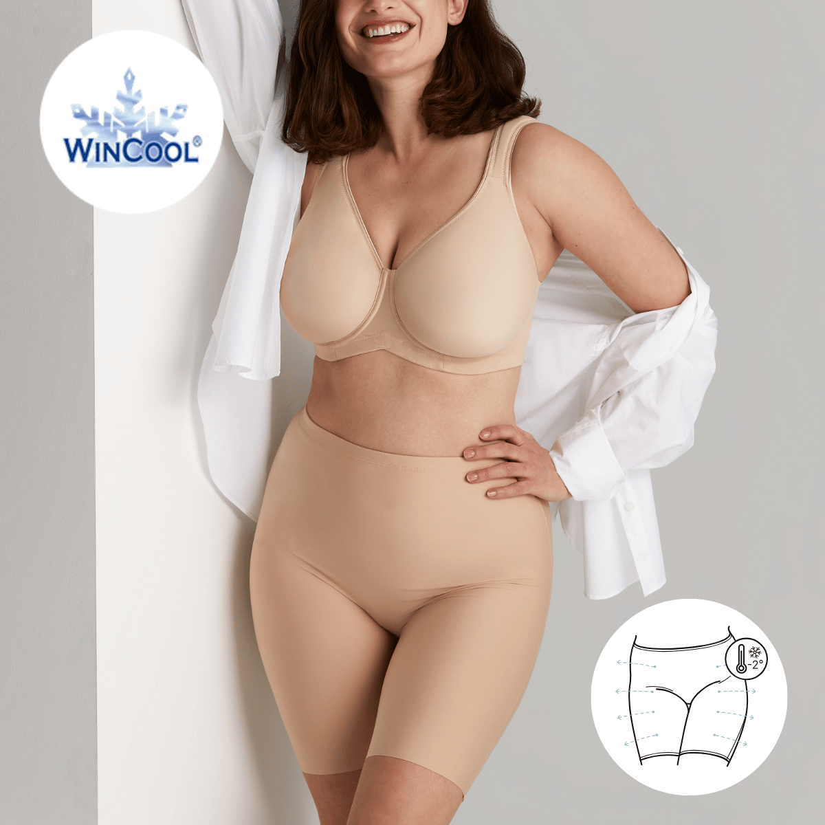 Cool sensation panty with long leg front-lined + Stay Fresh underwired bra beige
