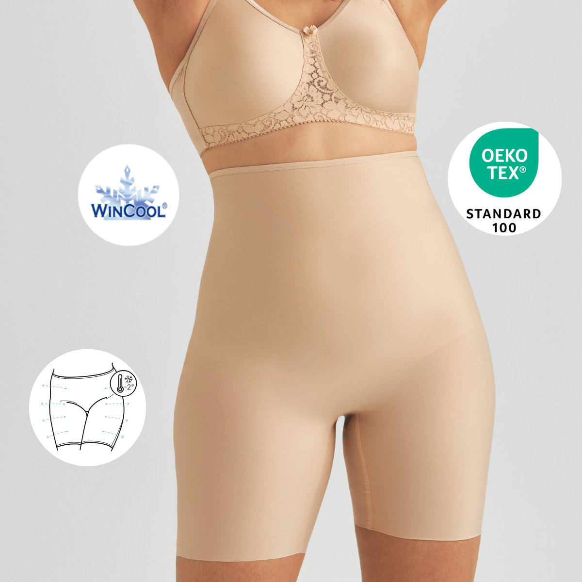 Woman wearing beige shapewear shorts and a bra, with WinCool and OEKO-TEX Standard 100 logos, and an illustration of the shorts' design.