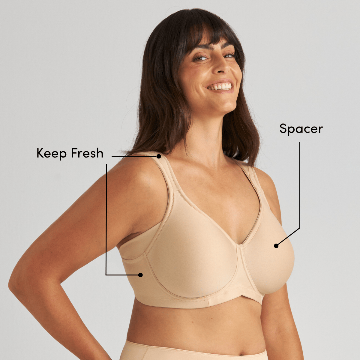 Smiling woman wearing a beige bra with labeled features: "Keep Fresh" and "Spacer".