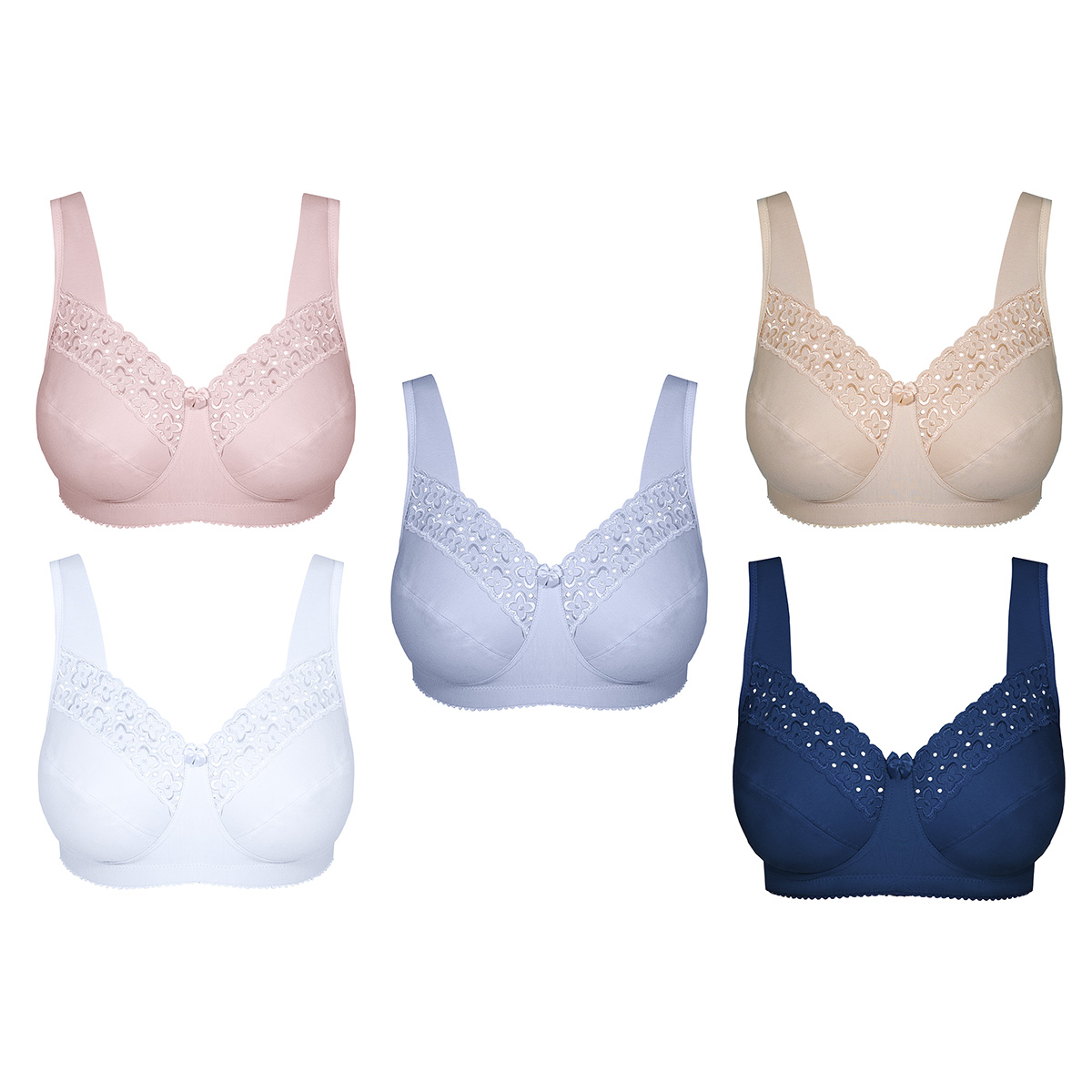 Five bras in pink, beige, white, lavender, and navy, each with lace detailing on the upper cups.
