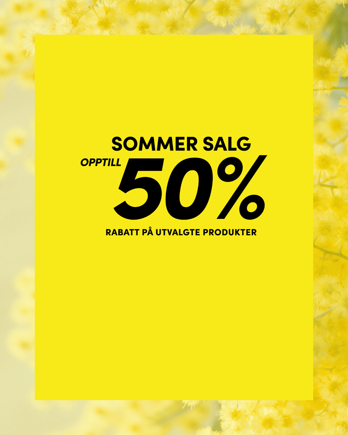 Yellow summer sale banner with text in Norwegian: "Sommer Salg, opptil 50% rabatt på utvalgte produkter," over a floral background.