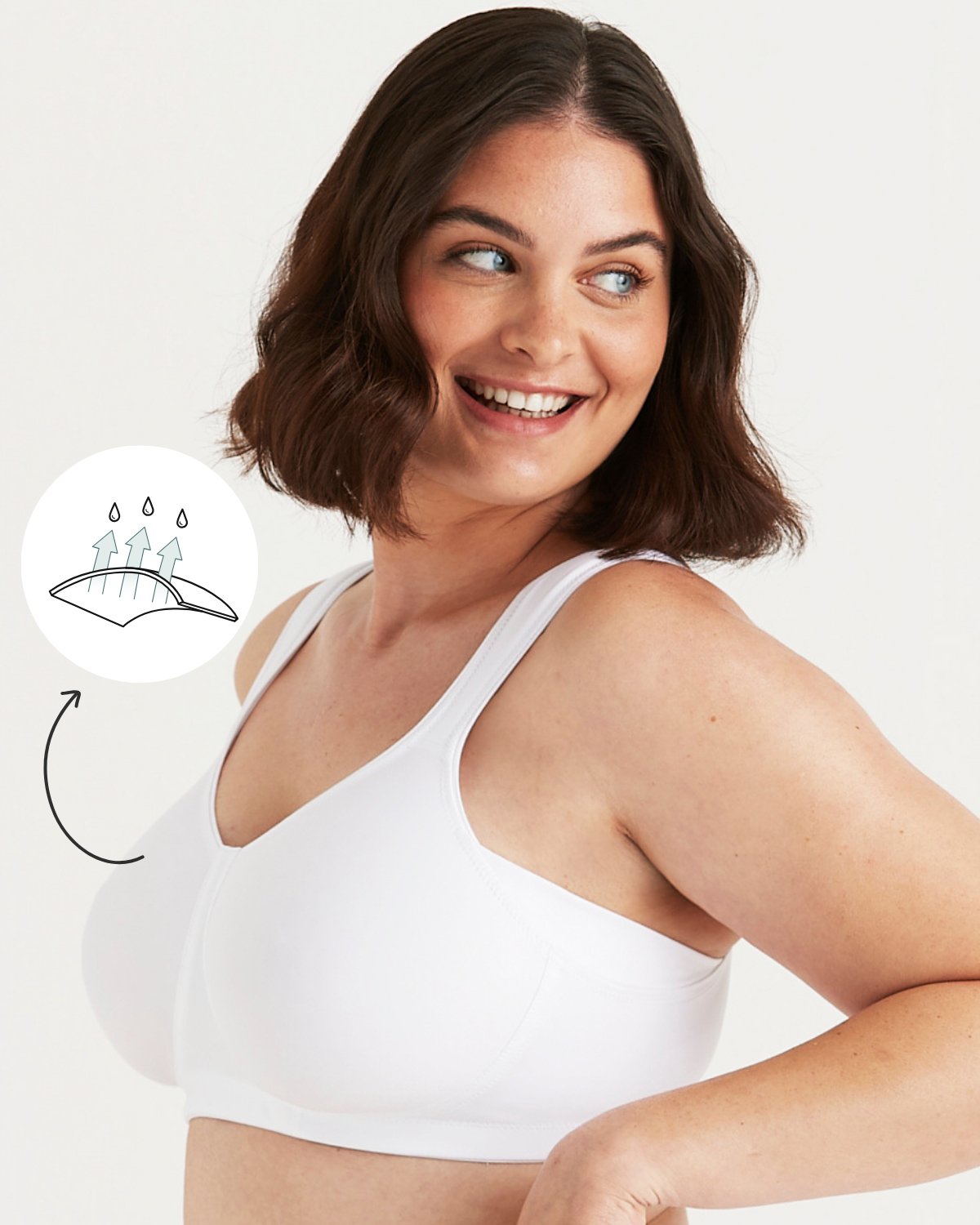 Smiling woman in a white wireless bra looking over her shoulder, with a small moisture-wicking fabric icon overlay.