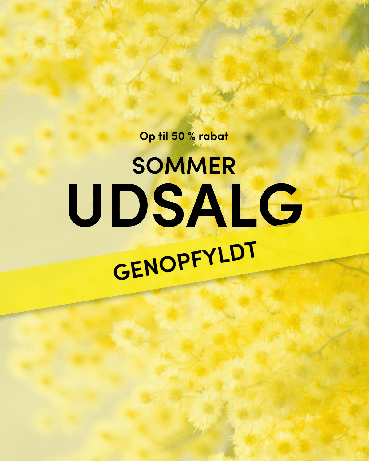 Yellow background with fluffy flowers, featuring Danish text advertising a summer sale with up to 50% discount.