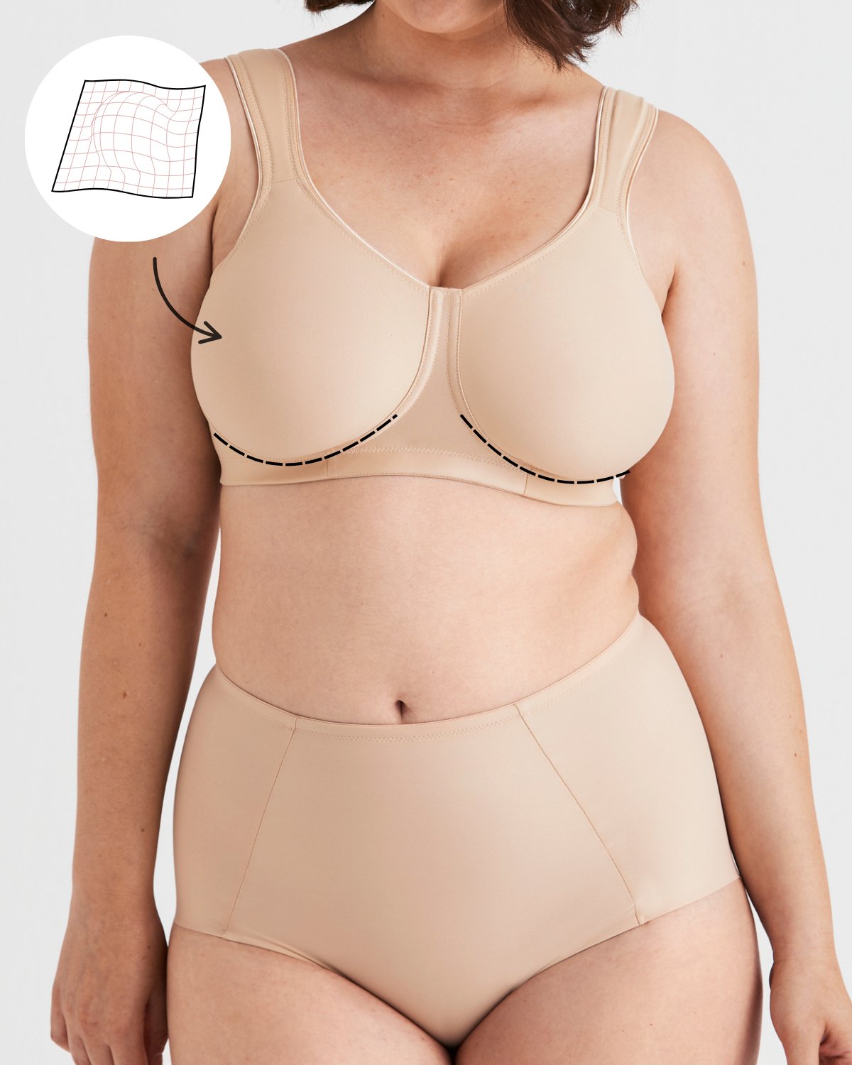 Woman's torso wearing nude full-coverage bra and high-waist briefs, highlighting smooth molded cups and support graphics.
