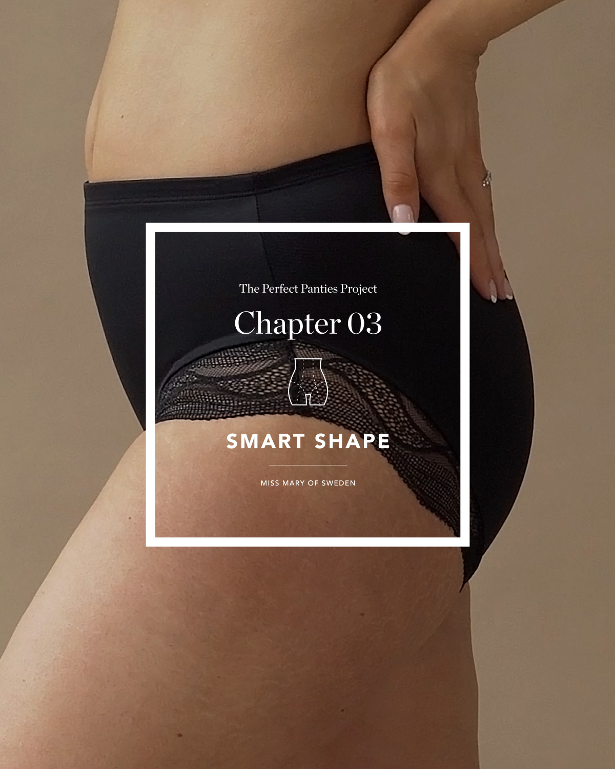 Close-up of a person wearing black lace-trimmed briefs. Text overlay reads "The Perfect Panties Project, Chapter 03, Smart Shape, Miss Mary of Sweden."