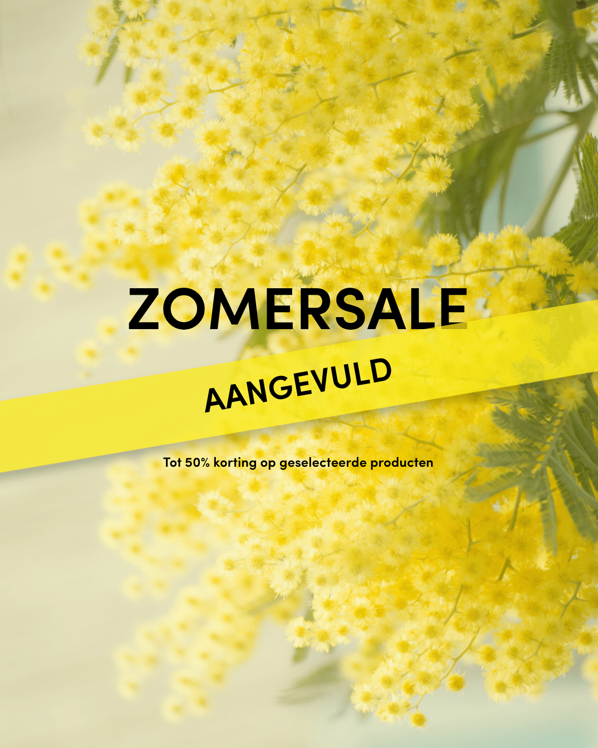 Yellow mimosa flowers with text overlay: "Zomersale aangevuld" and "Tot 50% korting op geselecteerde producten."
