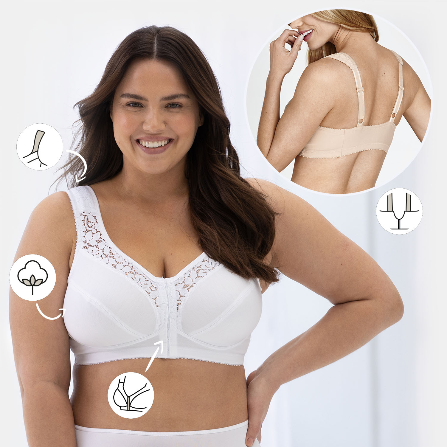 Smiling woman wearing a white lace bra, highlighting features like cotton fabric and support. Inset shows back view of a beige bra.