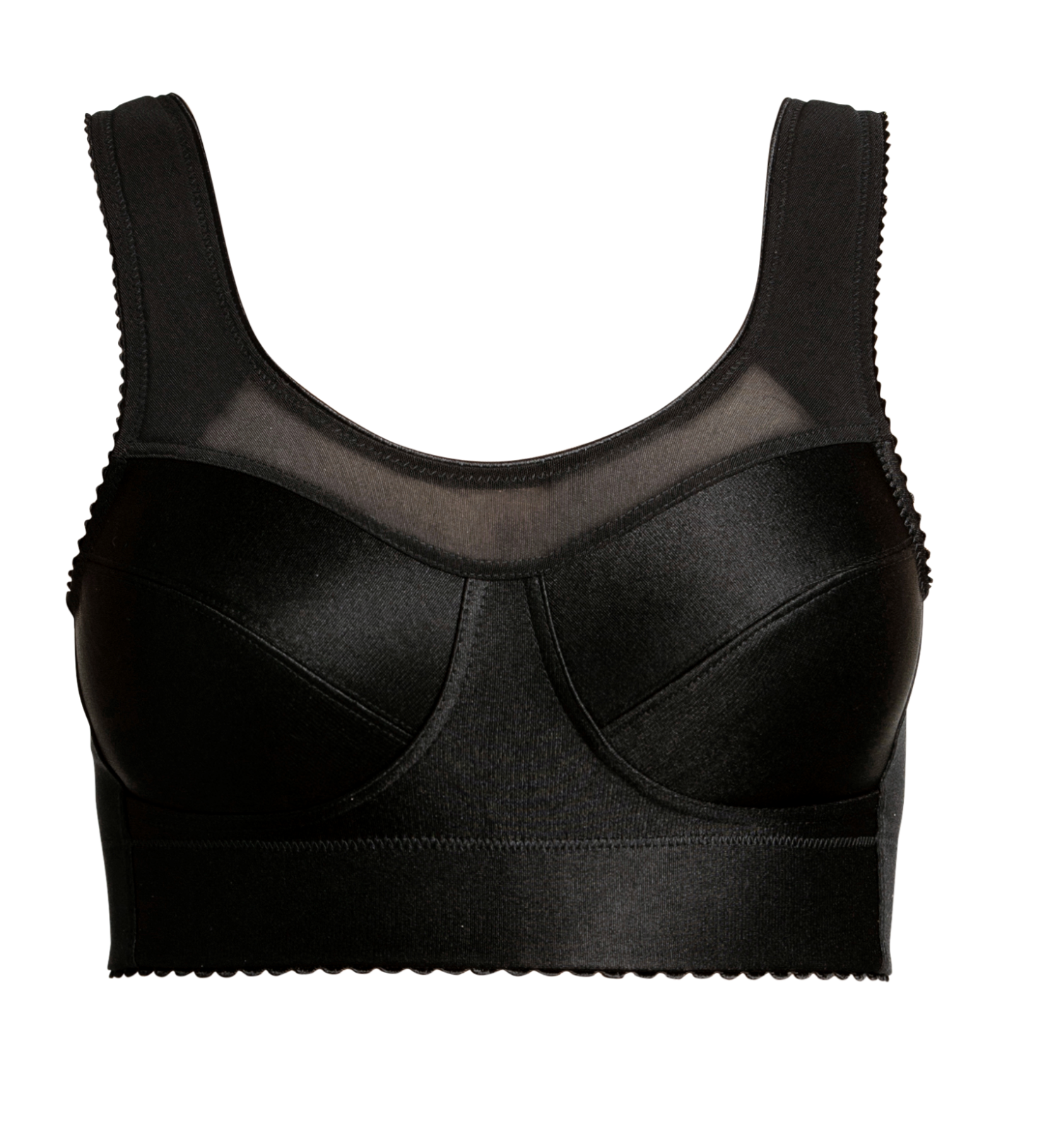 Black sports bra with wide straps and mesh detailing at the top, isolated on a white background.