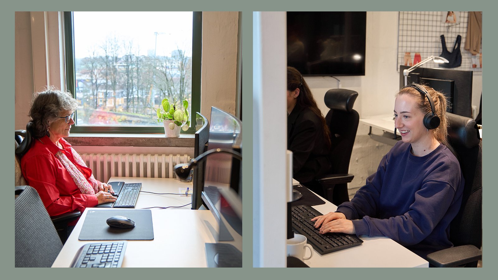 Two people working at desks with computers. One is an older woman in a red shirt, and the other a younger woman wearing headphones and a navy sweater.