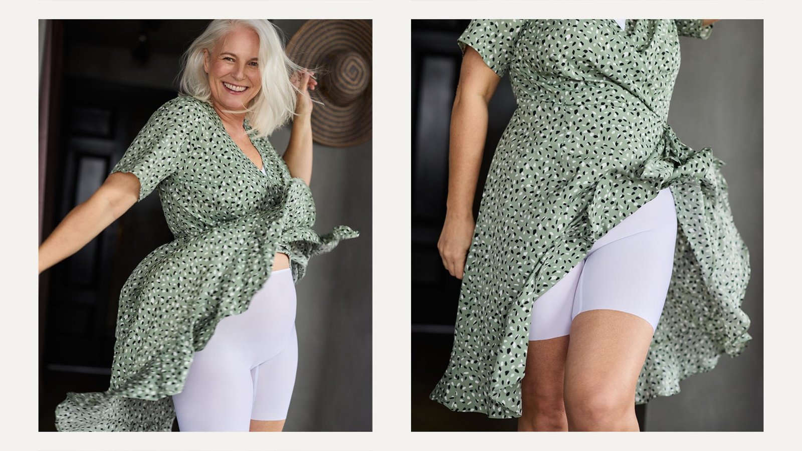 Smiling woman in a green patterned dress with white long leg panties underneath, twirling gracefully. Focus on comfort and fit.