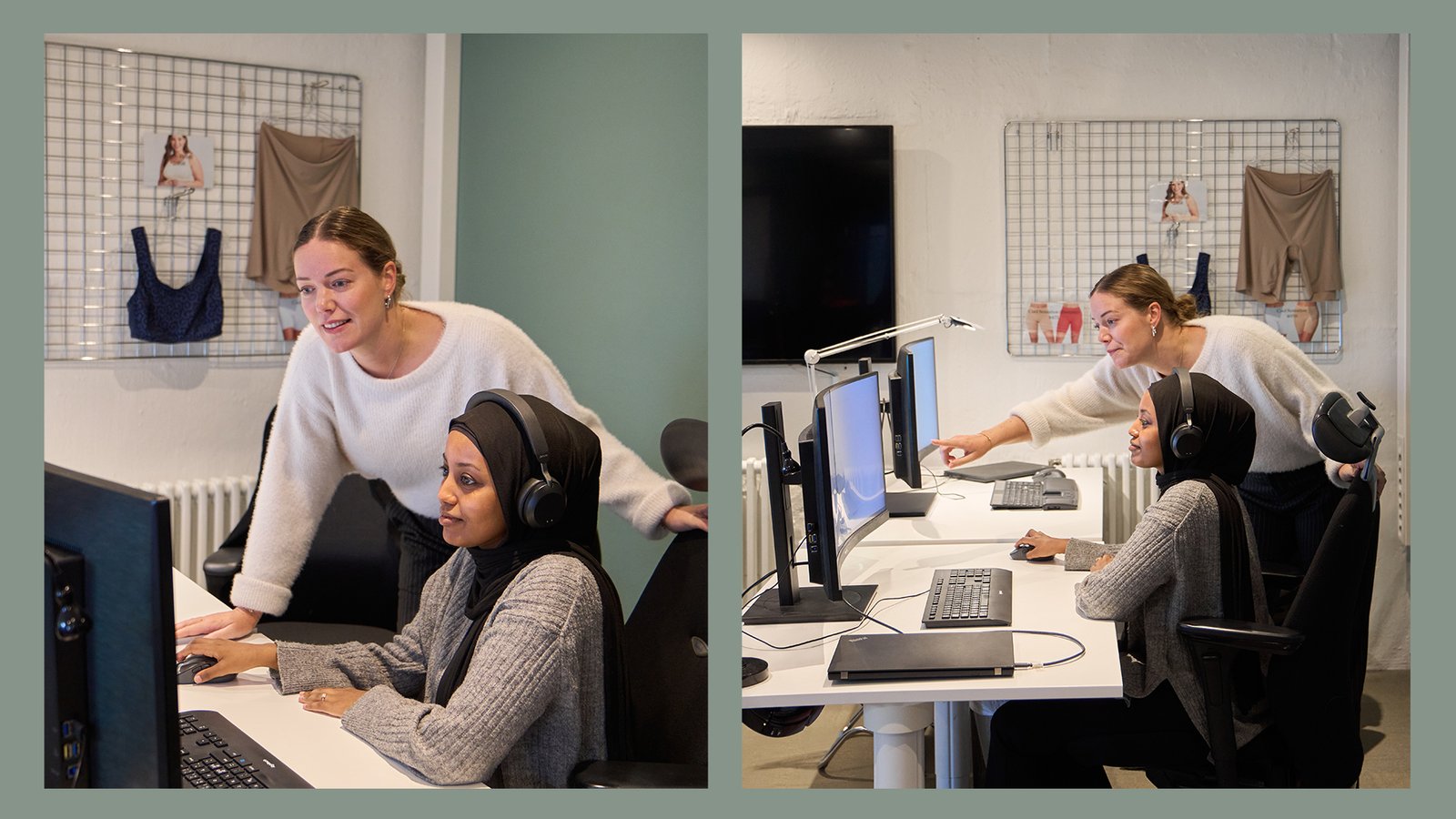 Two women collaborating at a computer. One is seated with headphones; the other leans over, pointing at the screen. Background shows fabric samples.