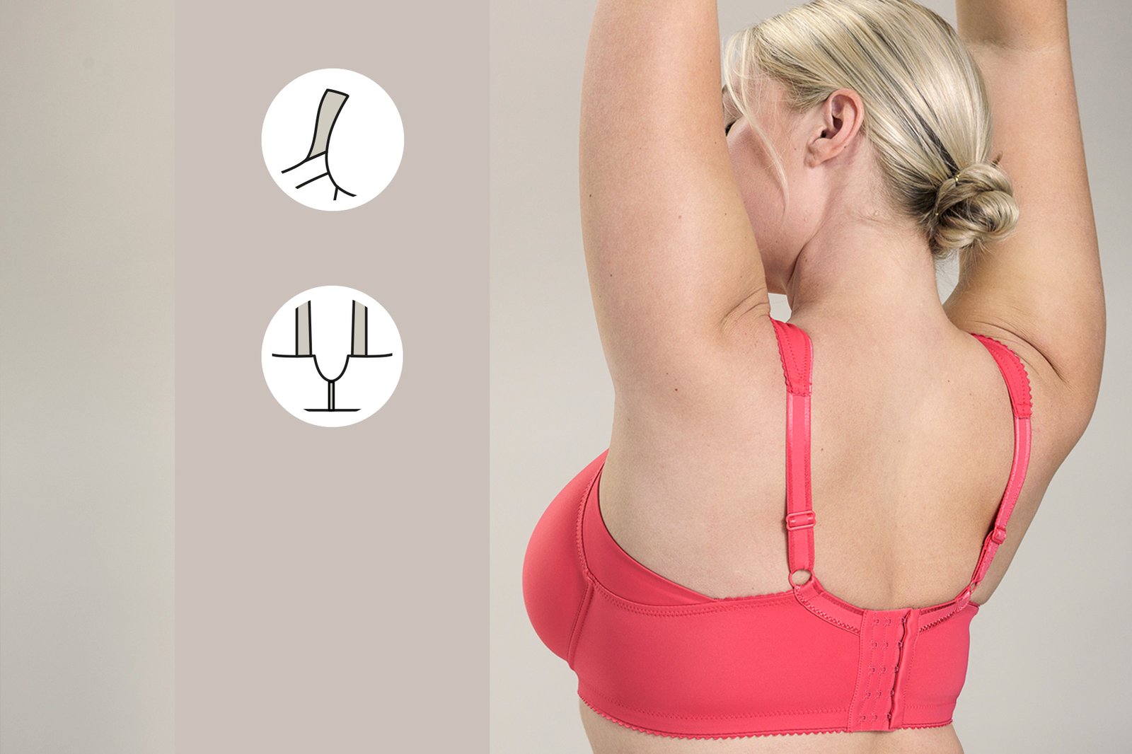 A woman in a pink bra with arms raised, showing the back design. Diagrams on the left illustrate bra features.