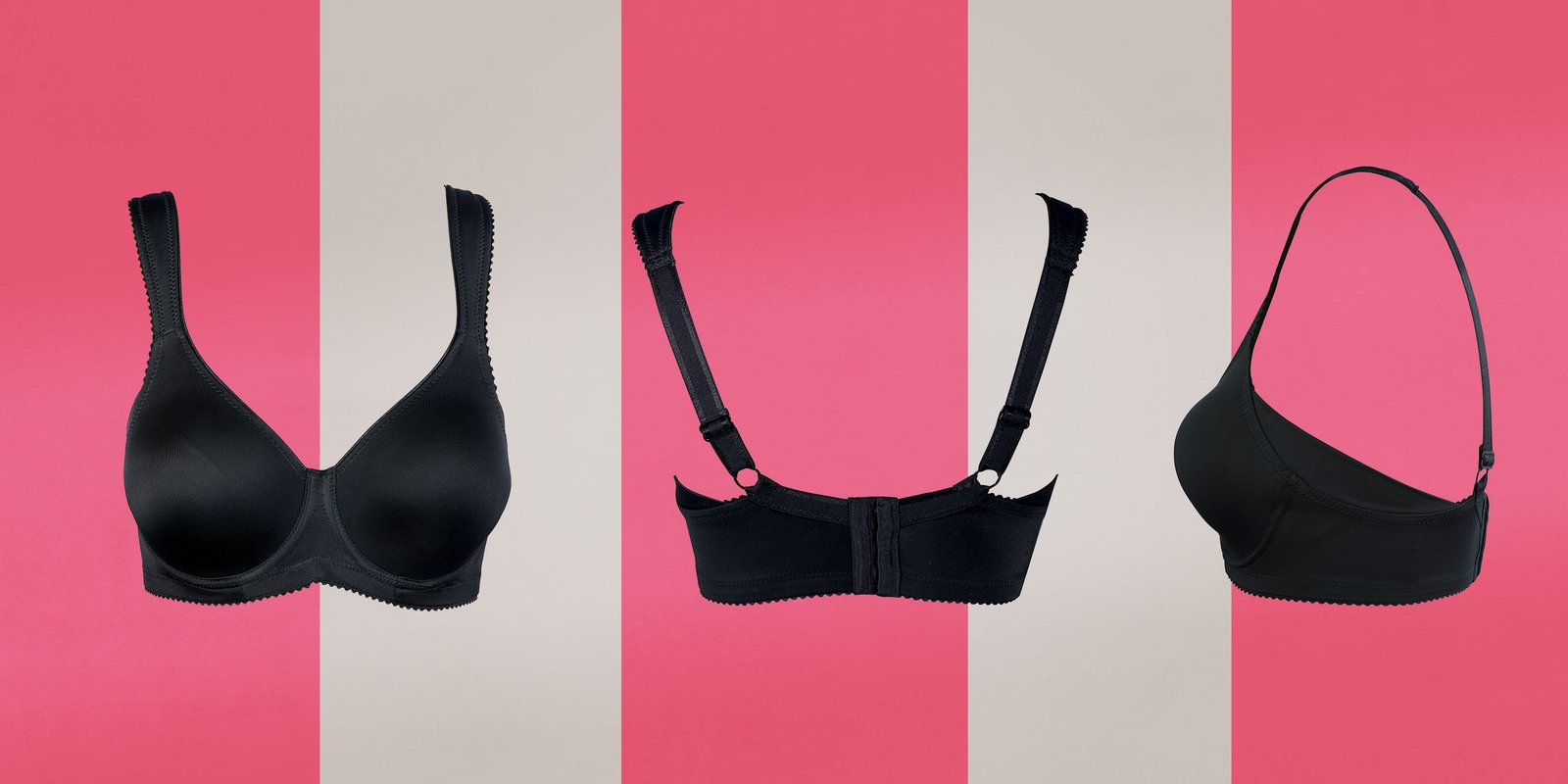 Three views of a black bra against a pink and gray striped background: front, back, and side.
