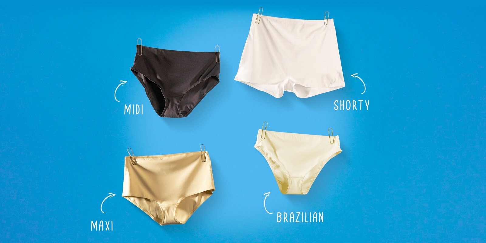 Four types of underwear on a blue background: black midi, white shorty, gold maxi, and beige Brazilian, each labeled with a curved arrow.