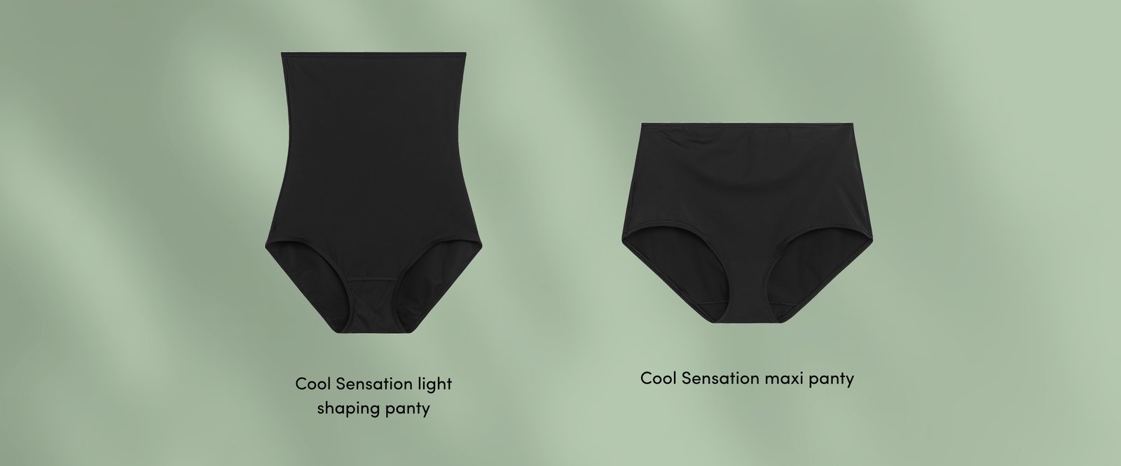 Two black panties on a green background: Cool Sensation light shaping panty and Cool Sensation maxi panty.